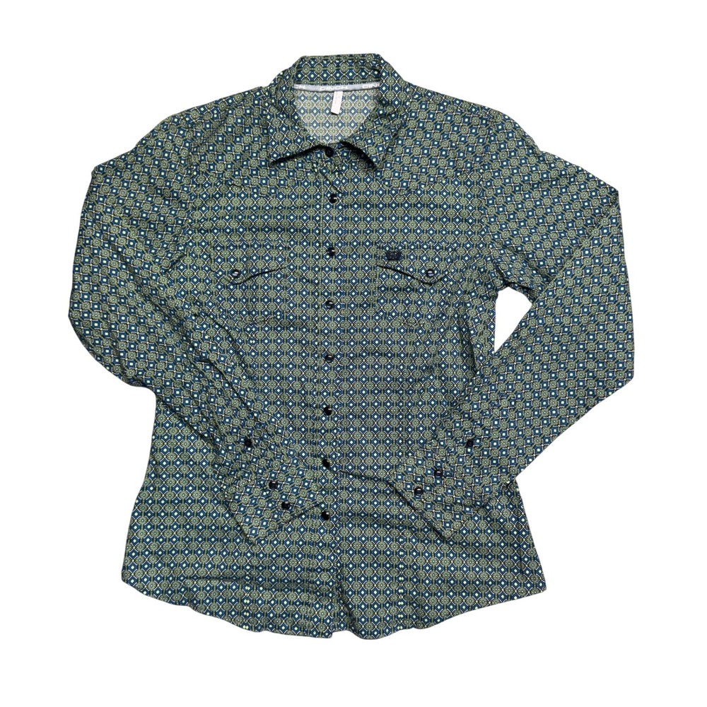 Cinch Blue Green Geometric Diamond Western Button Down Shirt Medium